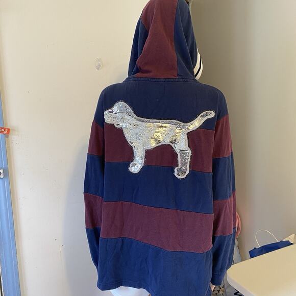 Victorias Secret Love Pink vintage y2k BLING Dog Logo ColorBlock hoodie Grunge M - Picture 2 of 11